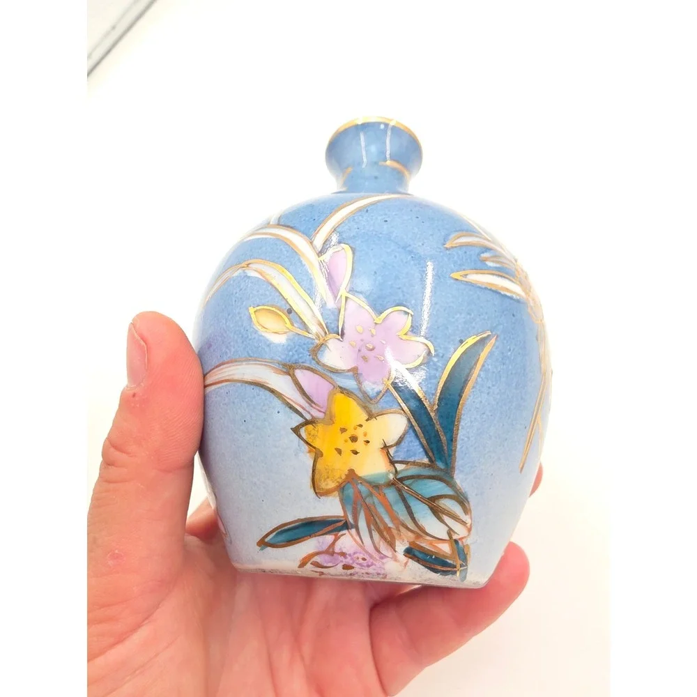 Tri Ever Hand Painted Porcelain Bud Vase Blue Floral Gold Gilt Small 5 Inch N3